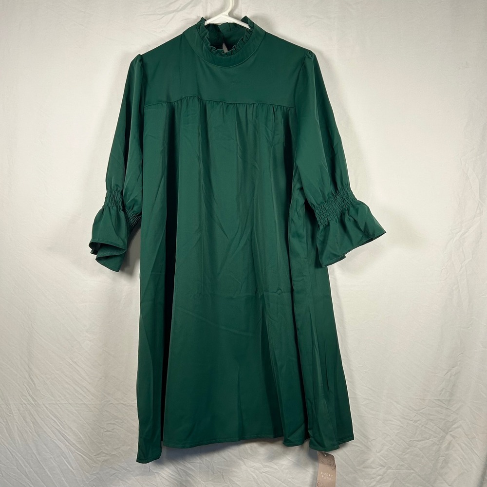 Emery Rose Smock‎ Dress Womens XL Green Ruffle Neck Smocked Bell Sleeve Mini